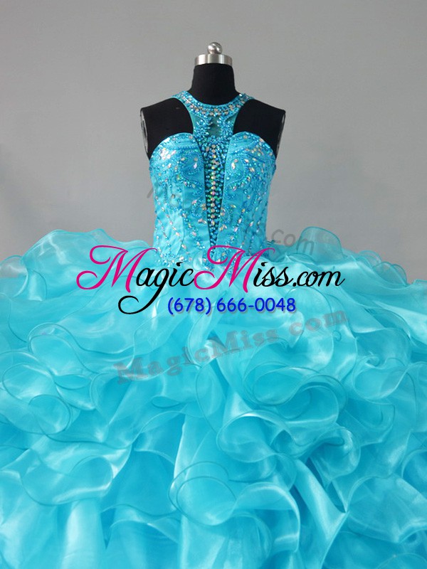 wholesale ball gowns sleeveless aqua blue quinceanera gowns brush train lace up