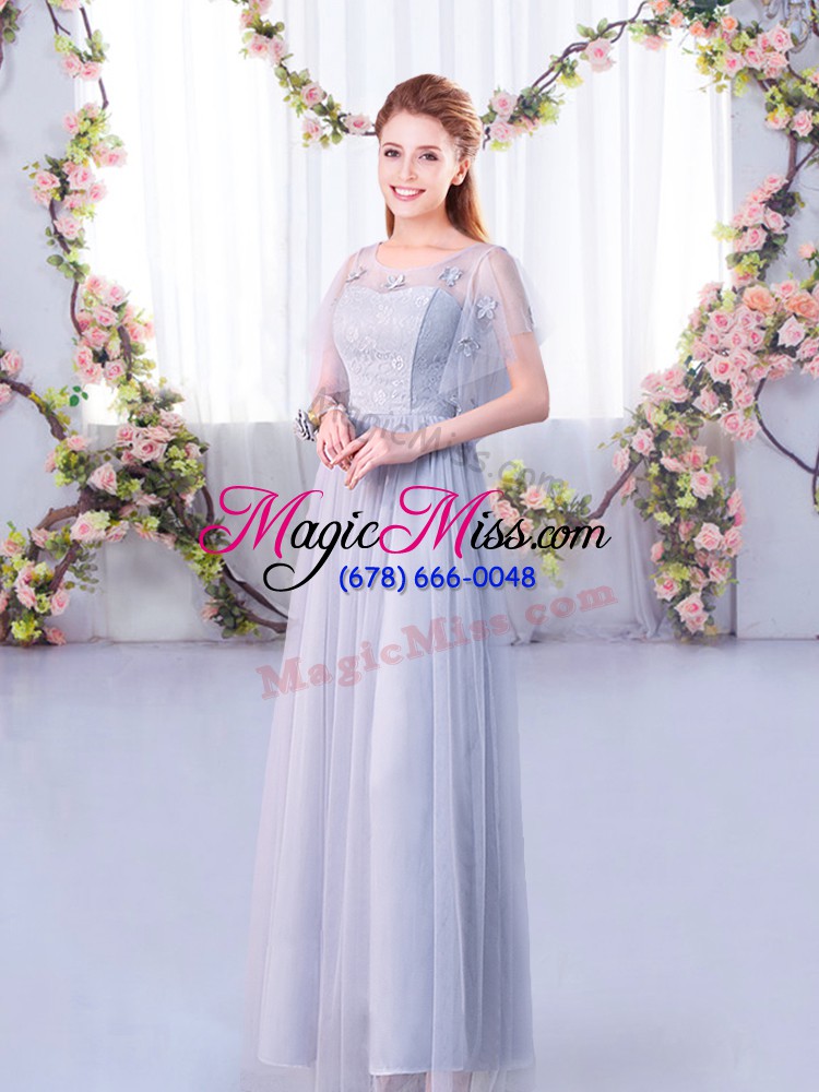 wholesale short sleeves floor length lace and belt side zipper quinceanera court of honor dress with grey