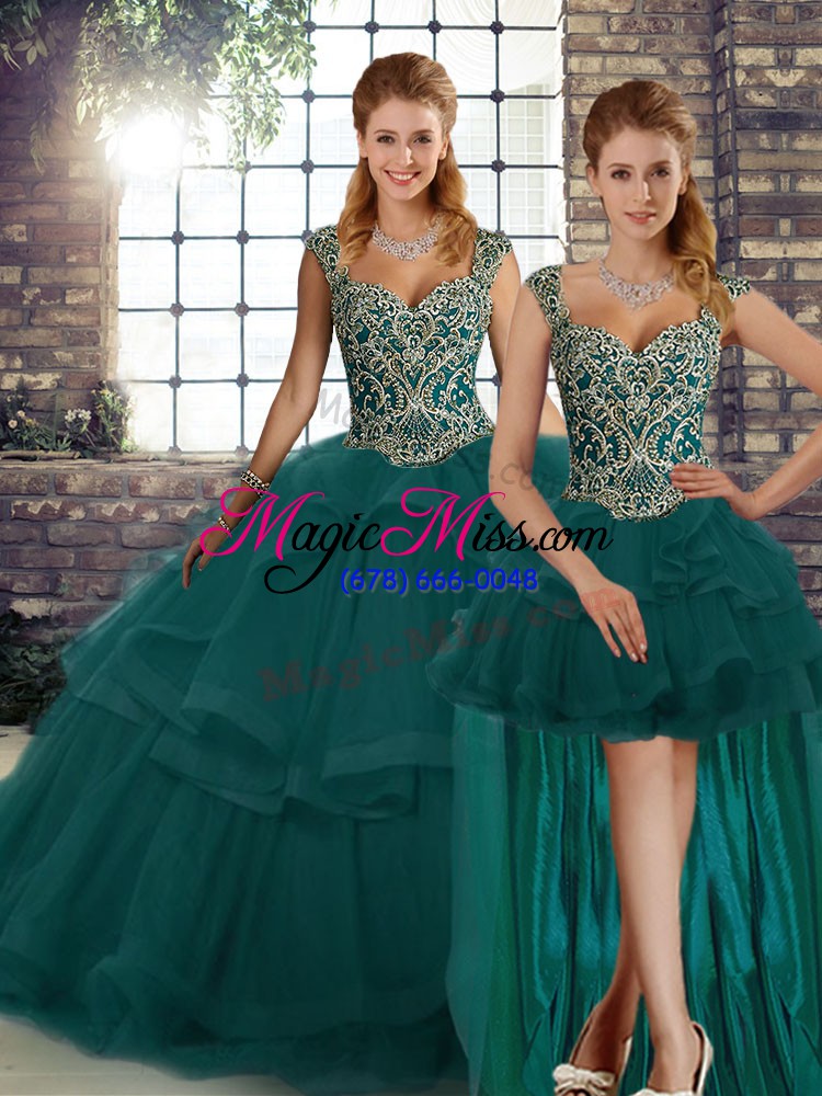 wholesale great peacock green three pieces beading and ruffles vestidos de quinceanera lace up tulle sleeveless floor length
