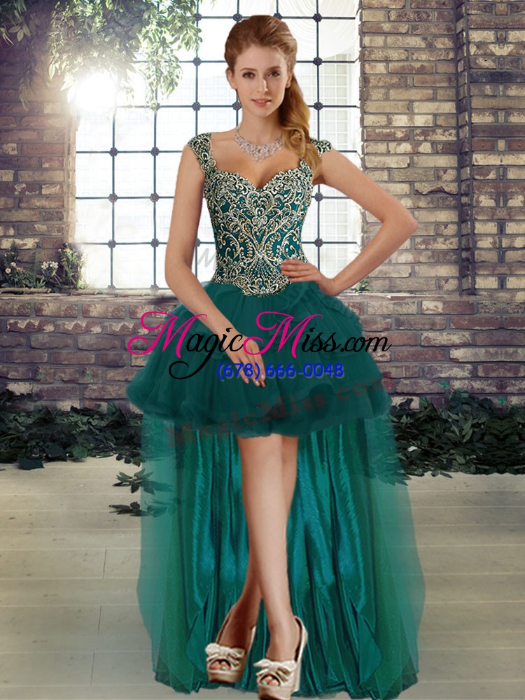 wholesale great peacock green three pieces beading and ruffles vestidos de quinceanera lace up tulle sleeveless floor length