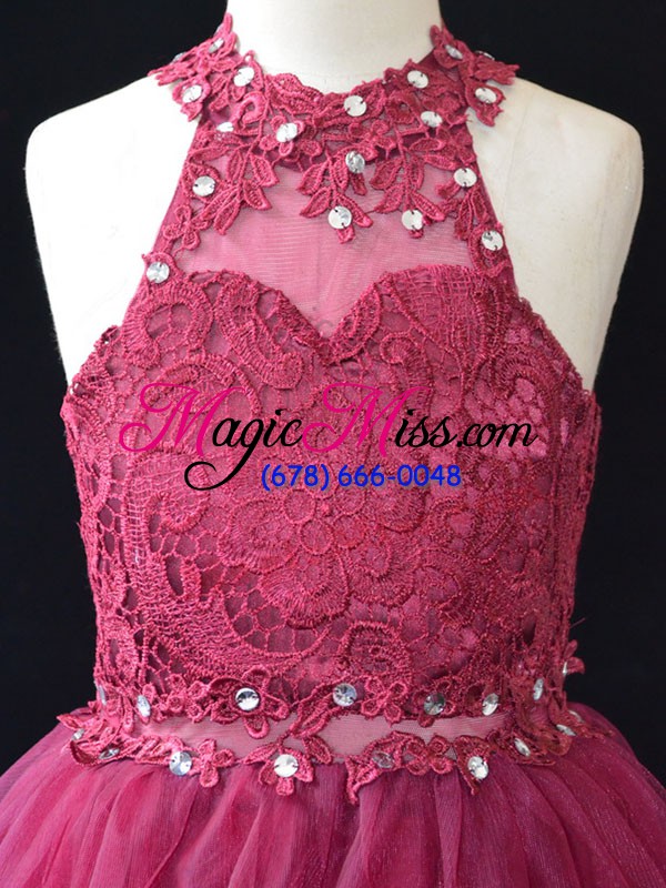 wholesale pretty hot pink lace up flower girl dress beading and lace sleeveless mini length