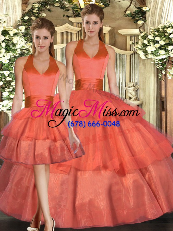 wholesale exquisite orange lace up halter top ruffled layers quinceanera gown organza sleeveless