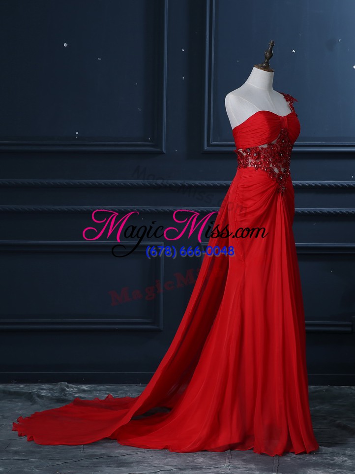 wholesale custom made red chiffon zipper homecoming dress sleeveless watteau train beading and lace and appliques