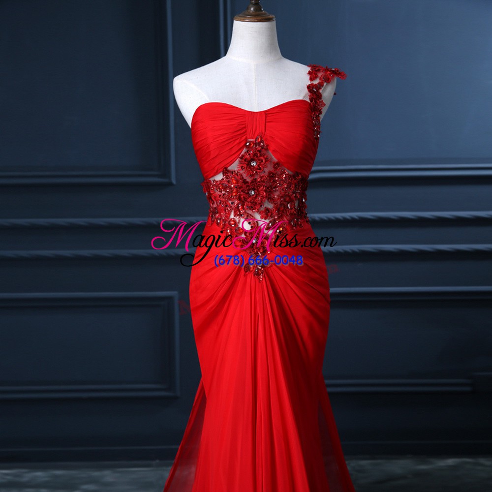 wholesale custom made red chiffon zipper homecoming dress sleeveless watteau train beading and lace and appliques