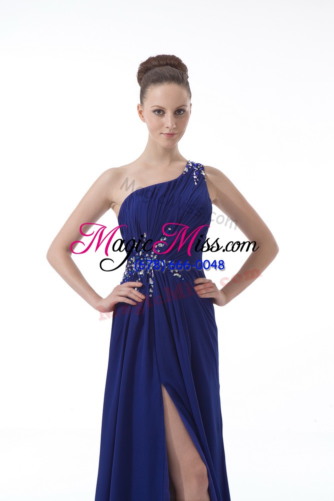 wholesale high quality royal blue empire chiffon one shoulder sleeveless beading and ruching floor length backless evening dress