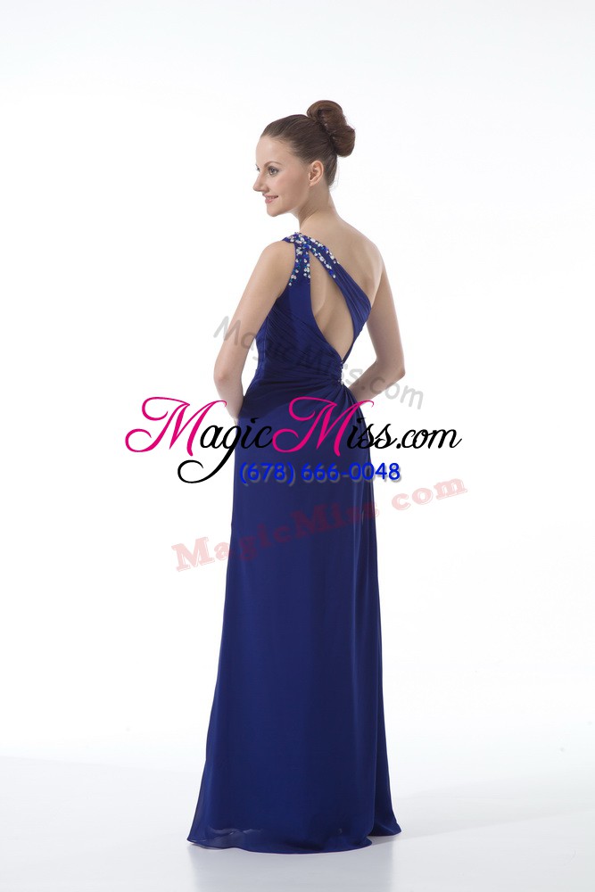 wholesale high quality royal blue empire chiffon one shoulder sleeveless beading and ruching floor length backless evening dress