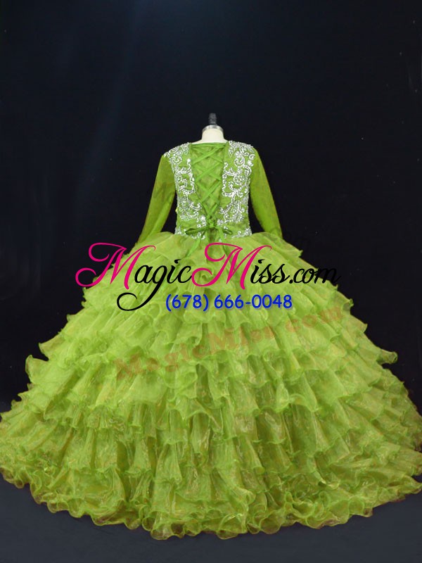 wholesale olive green ball gowns organza v-neck long sleeves ruffled layers floor length lace up quinceanera dress