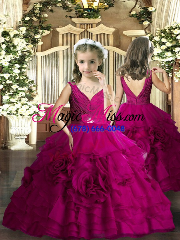 wholesale custom designed fuchsia organza backless quinceanera gowns sleeveless floor length beading and ruffles