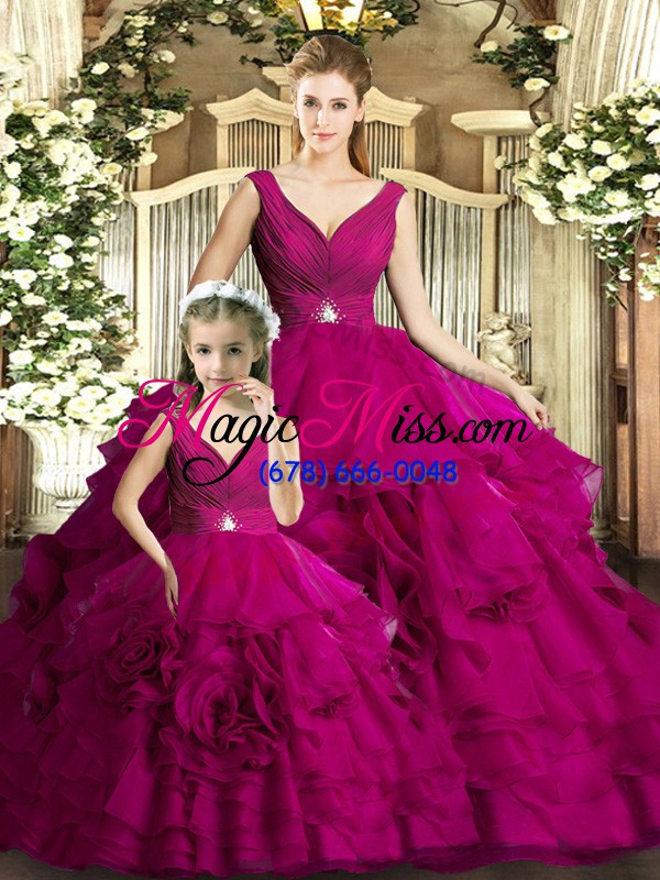 wholesale custom designed fuchsia organza backless quinceanera gowns sleeveless floor length beading and ruffles