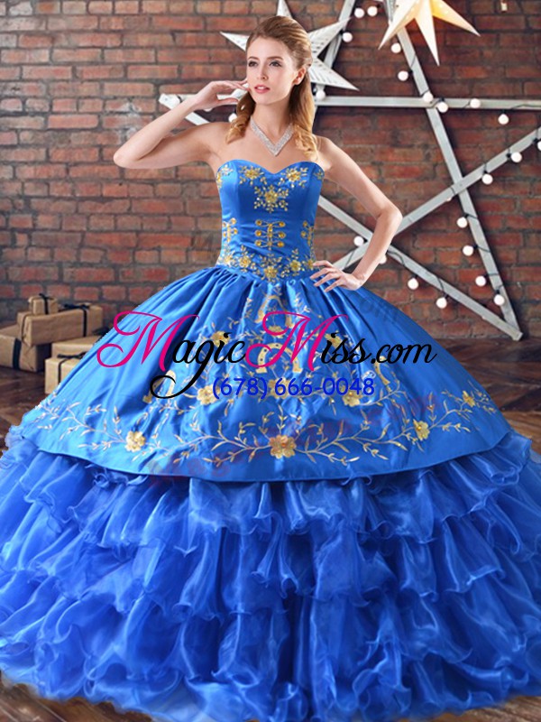 wholesale blue satin and organza quinceanera dresses sleeveless floor length embroidery