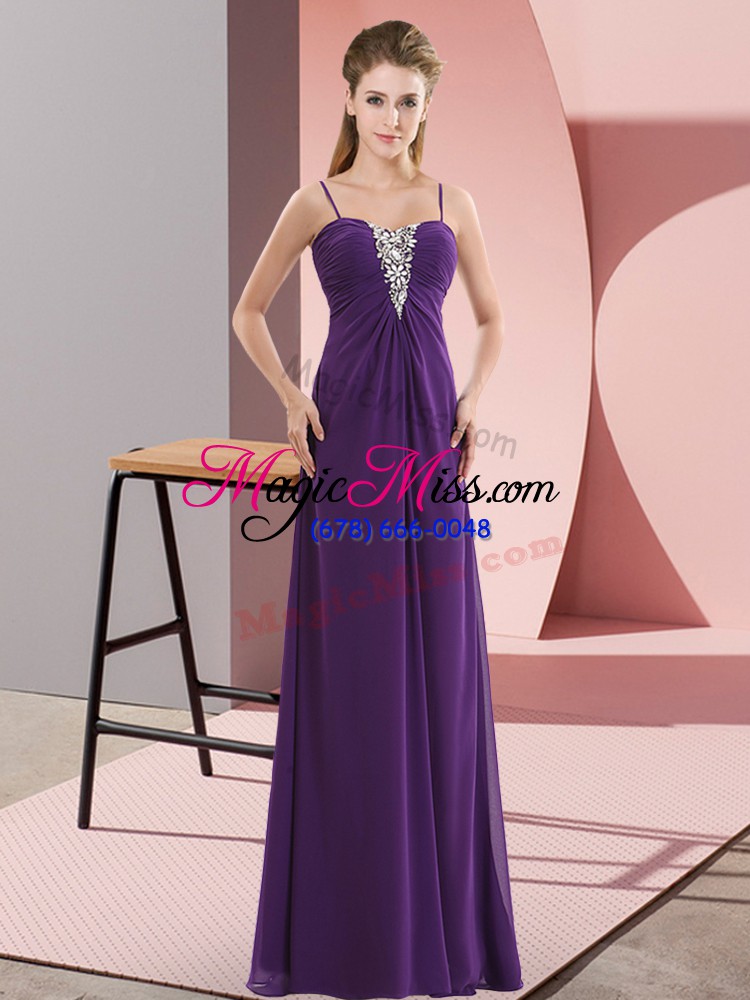 wholesale custom made chiffon spaghetti straps sleeveless zipper beading prom evening gown in purple