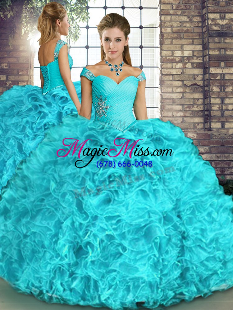 wholesale simple aqua blue organza lace up sweet 16 quinceanera dress sleeveless floor length beading and ruffles