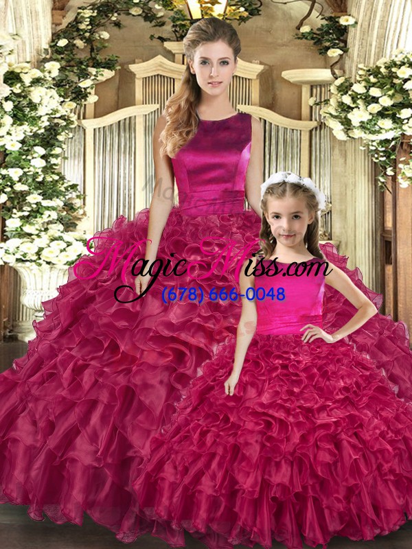 wholesale free and easy fuchsia ball gowns organza scoop sleeveless ruffles floor length lace up sweet 16 quinceanera dress