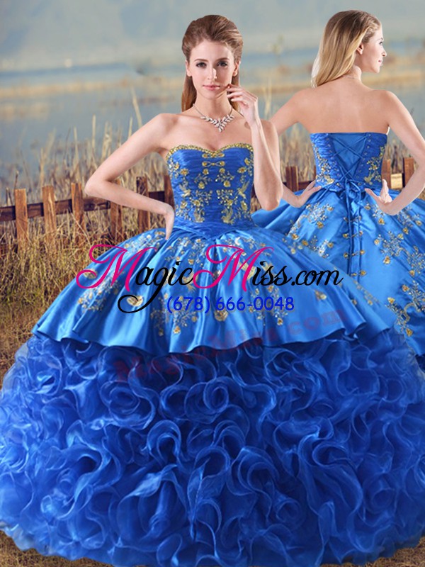 wholesale shining fabric with rolling flowers sleeveless sweet 16 dress brush train and embroidery and ruffles