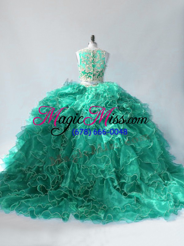 wholesale scoop sleeveless brush train zipper ball gown prom dress turquoise organza