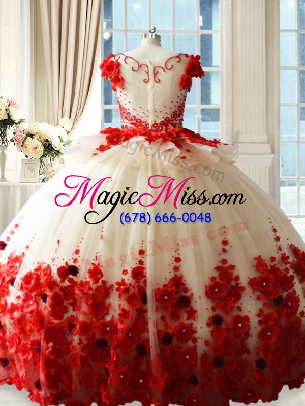 wholesale free and easy white and red tulle zipper scoop sleeveless quinceanera gowns brush train hand made flower