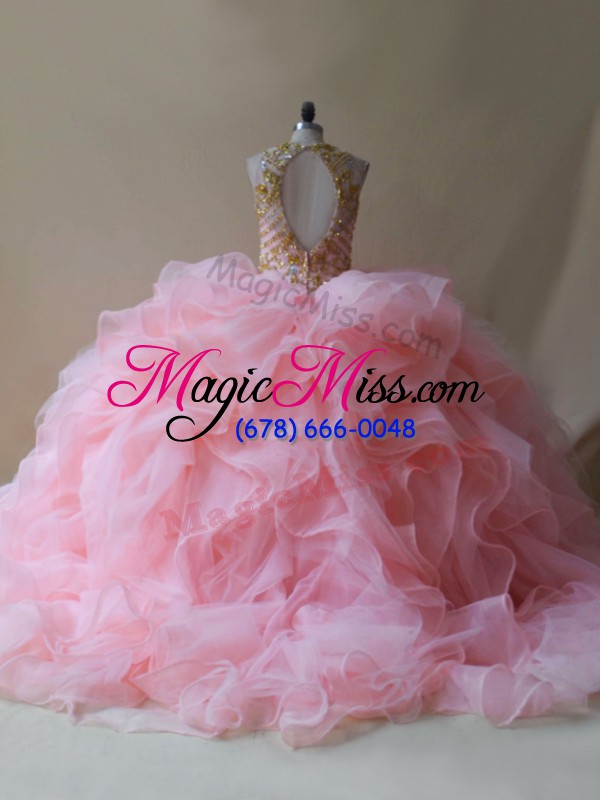 wholesale baby pink sleeveless beading and ruffles backless quinceanera gown
