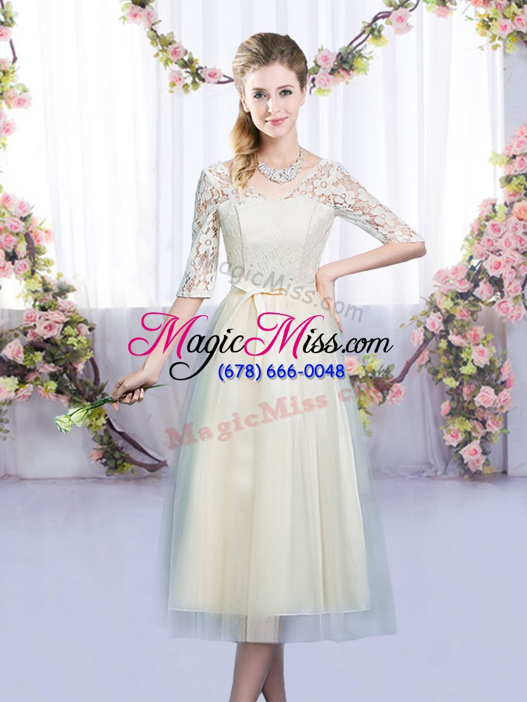 wholesale glamorous champagne tulle lace up bridesmaid gown half sleeves tea length lace and bowknot