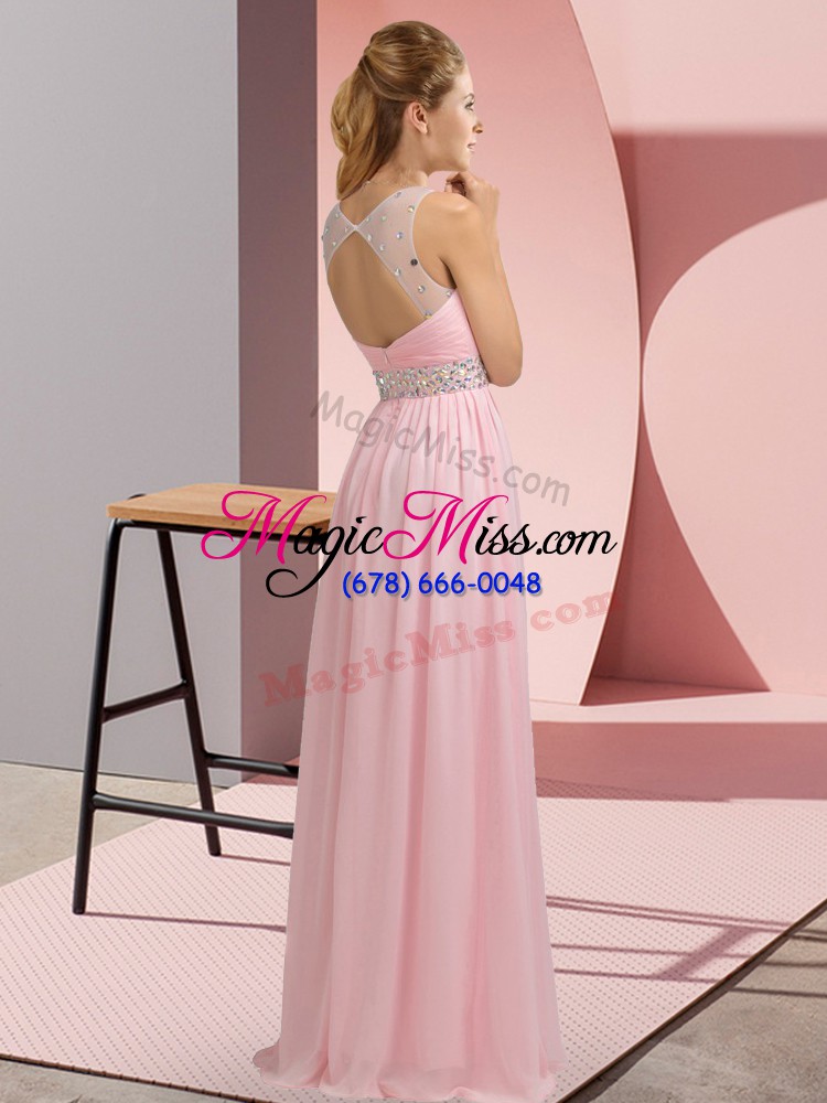 wholesale chiffon backless scoop sleeveless floor length prom gown beading