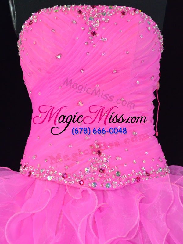 wholesale customized pink and rose pink strapless lace up beading and ruffles quince ball gowns sleeveless