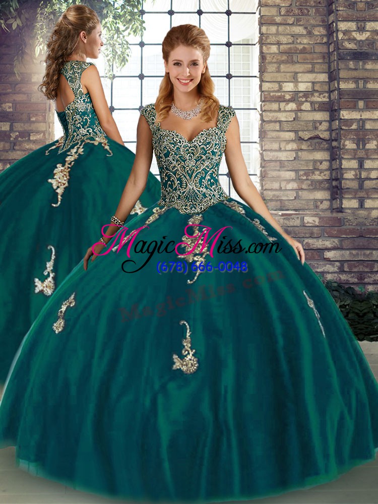 wholesale chic peacock green ball gowns beading and appliques quinceanera gown lace up tulle sleeveless floor length