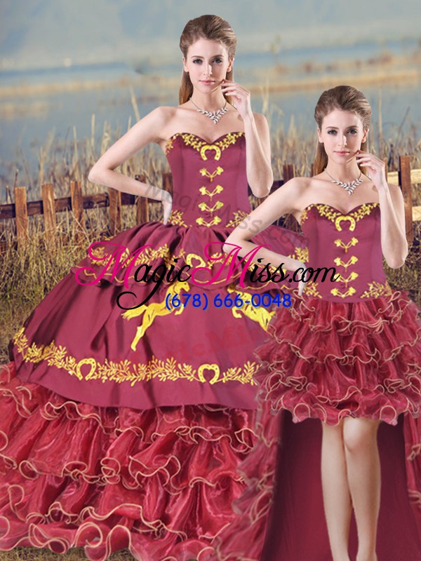 wholesale charming burgundy satin and organza lace up sweetheart sleeveless quinceanera gowns brush train embroidery and ruffles
