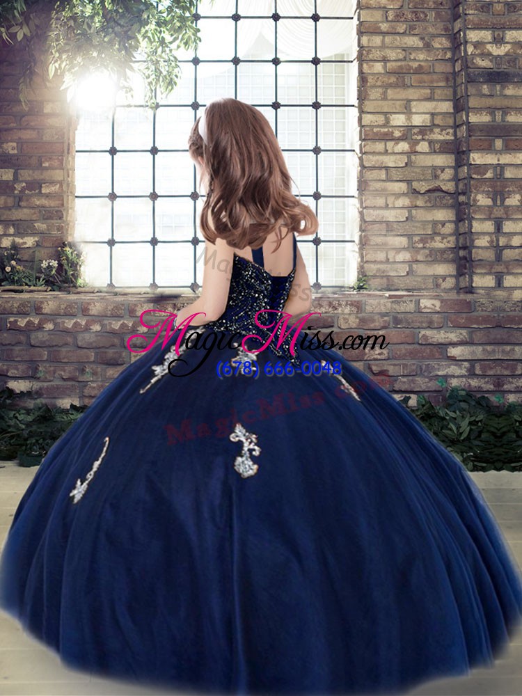 wholesale fashionable purple ball gowns tulle straps sleeveless appliques floor length lace up little girls pageant dress wholesale