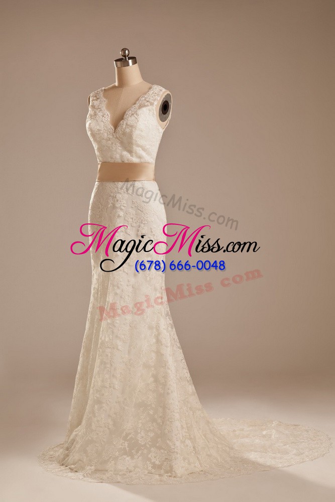 wholesale discount white column/sheath v-neck sleeveless lace brush train backless lace and belt wedding gowns