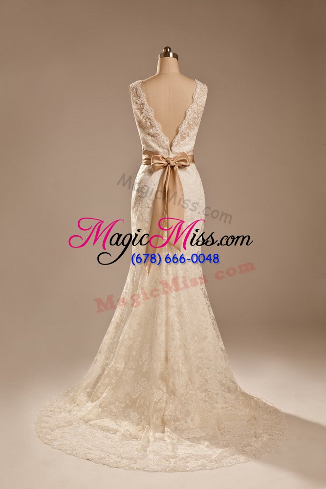 wholesale discount white column/sheath v-neck sleeveless lace brush train backless lace and belt wedding gowns