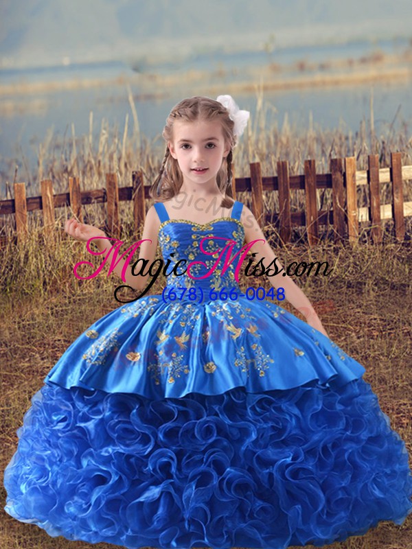 wholesale glorious blue sleeveless sweep train embroidery kids pageant dress