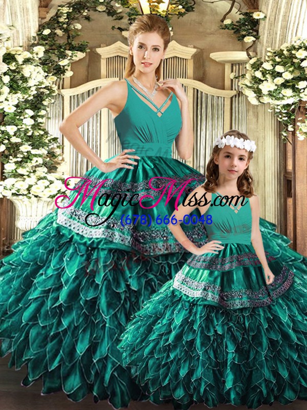 wholesale turquoise ball gowns v-neck sleeveless organza floor length backless appliques and ruffles vestidos de quinceanera
