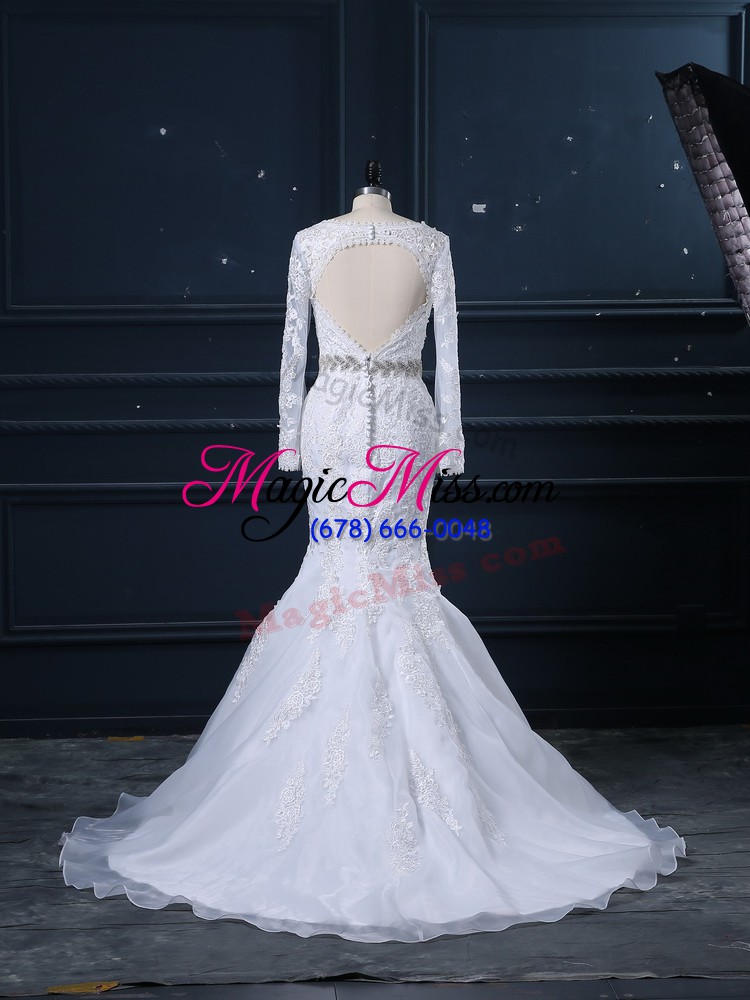 wholesale beautiful white wedding gown v-neck long sleeves brush train backless