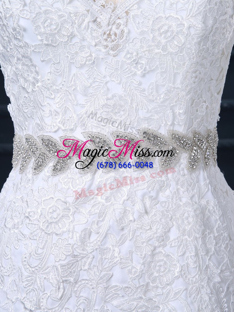 wholesale beautiful white wedding gown v-neck long sleeves brush train backless