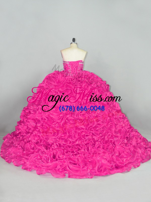 wholesale hot pink sleeveless organza brush train lace up quinceanera gowns for sweet 16 and quinceanera
