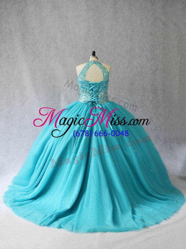 wholesale lovely aqua blue sleeveless beading lace up ball gown prom dress
