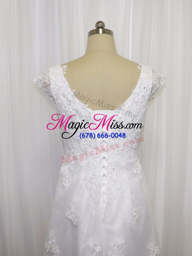 wholesale white scoop neckline beading and lace wedding gown cap sleeves lace up
