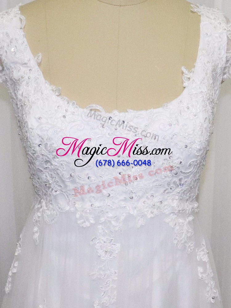wholesale white scoop neckline beading and lace wedding gown cap sleeves lace up