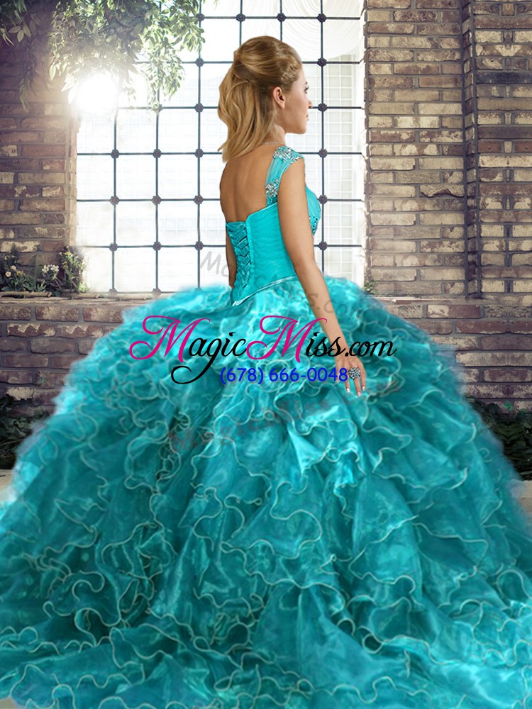 wholesale designer fuchsia off the shoulder lace up beading and ruffles ball gown prom dress brush train sleeveless