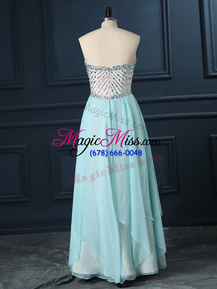wholesale high class chiffon sweetheart sleeveless zipper beading evening dress in light blue