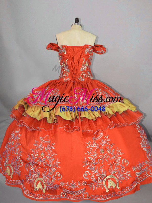 wholesale most popular orange red off the shoulder neckline embroidery quince ball gowns sleeveless lace up