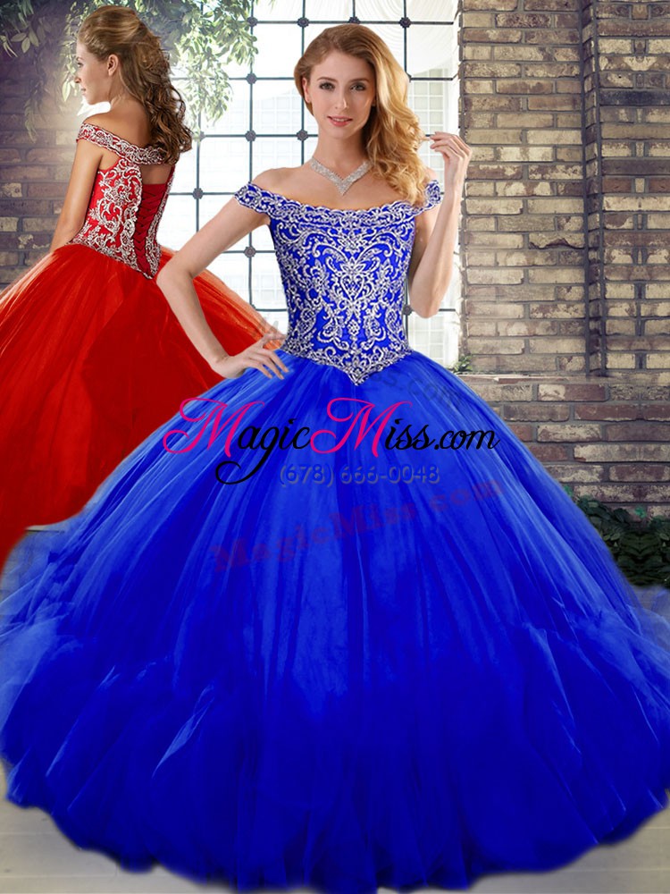 wholesale royal blue tulle lace up quinceanera dress sleeveless floor length beading and ruffles