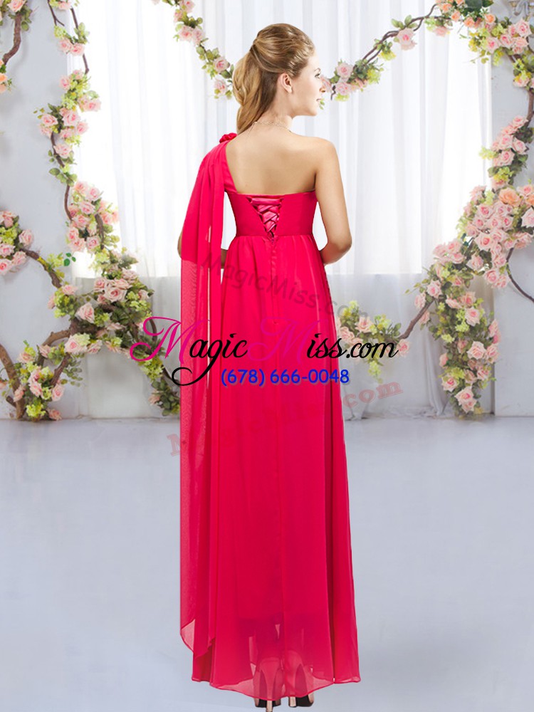 wholesale floor length hot pink bridesmaid dresses chiffon sleeveless beading and hand made flower