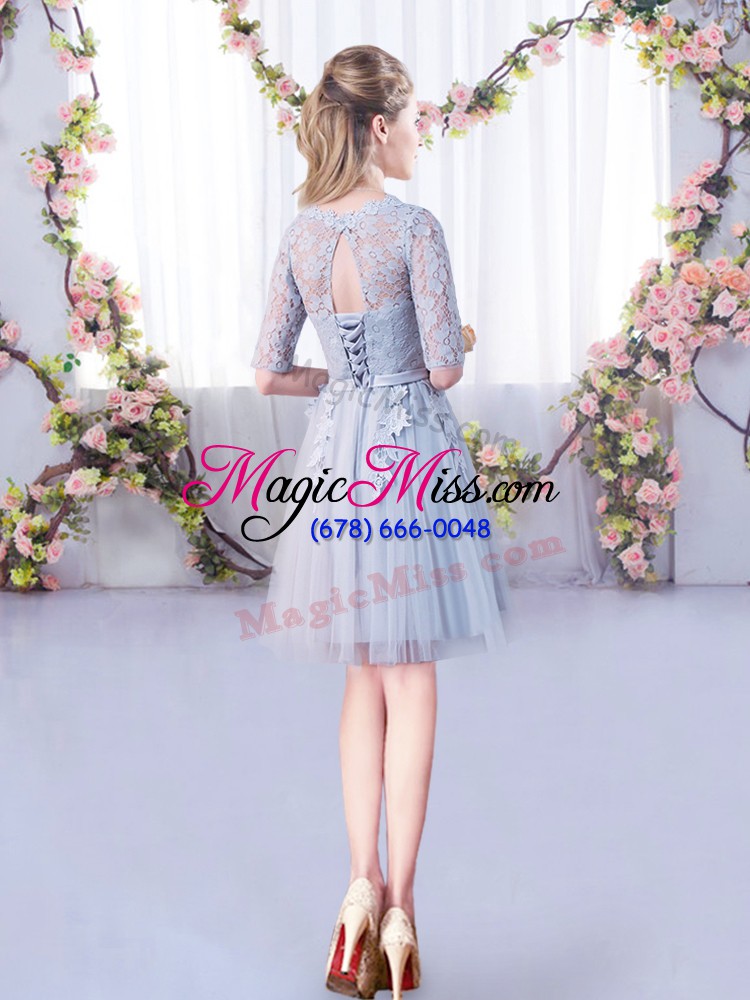 wholesale enchanting mini length grey wedding party dress scoop half sleeves lace up