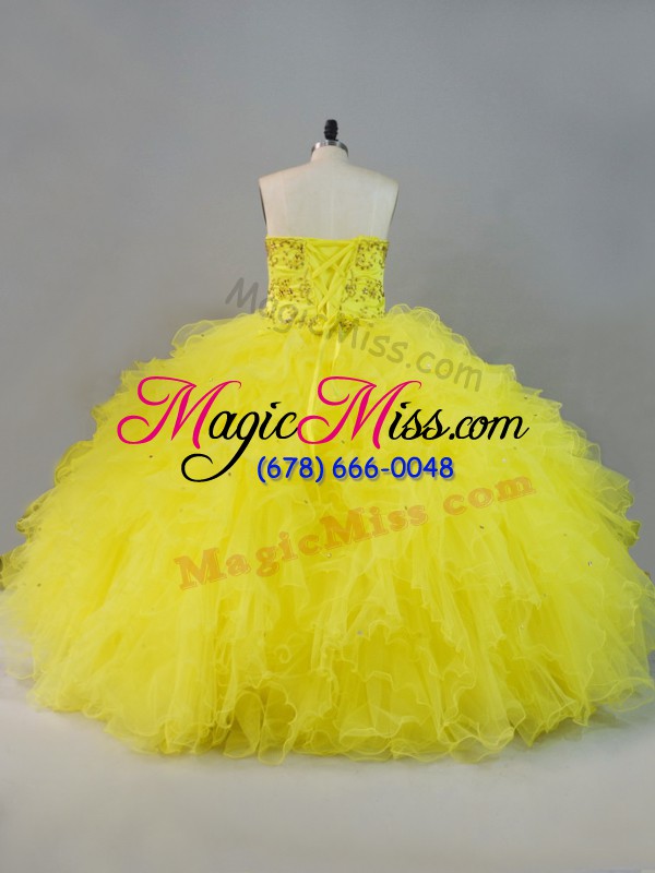 wholesale new style sleeveless tulle floor length lace up vestidos de quinceanera in yellow with beading and ruffles