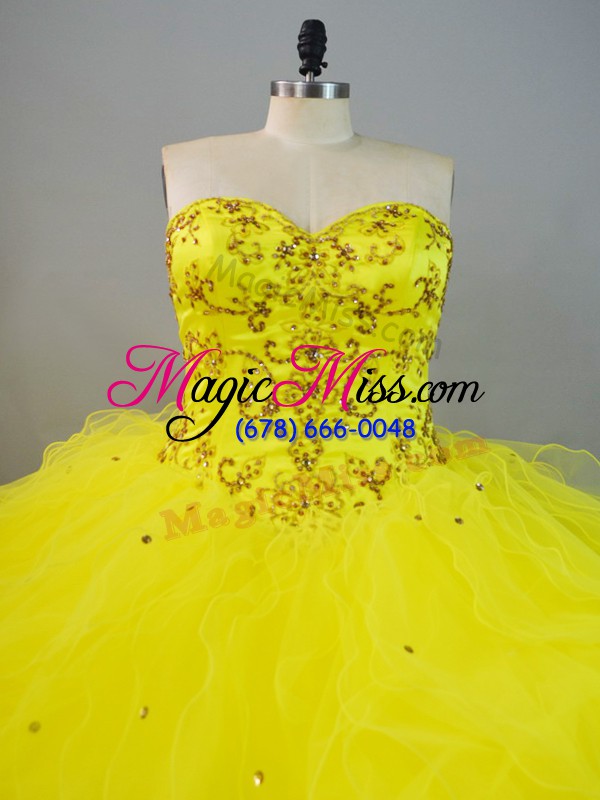 wholesale new style sleeveless tulle floor length lace up vestidos de quinceanera in yellow with beading and ruffles