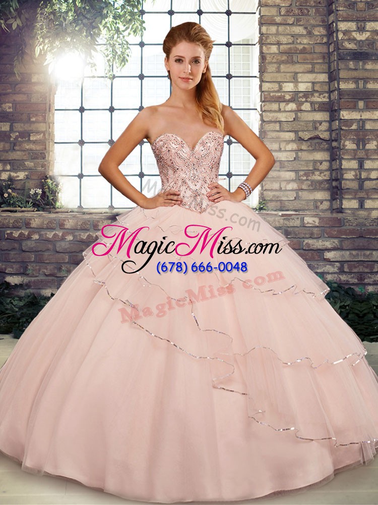 wholesale brush train ball gowns sweet 16 dress peach sweetheart tulle sleeveless lace up