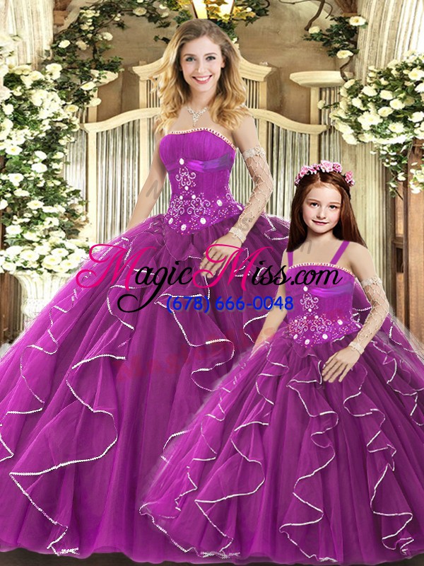 wholesale enchanting purple ball gowns tulle strapless sleeveless beading and ruffles floor length lace up vestidos de quinceanera