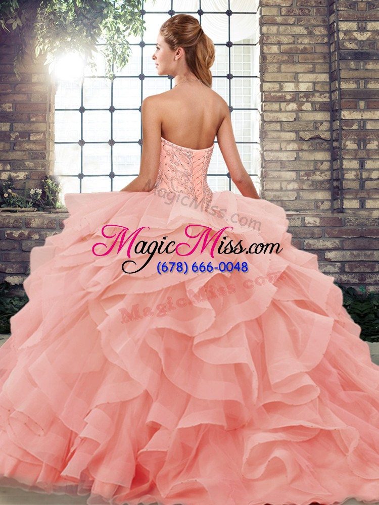 wholesale pretty sweetheart sleeveless quinceanera gowns brush train beading and ruffles lavender tulle