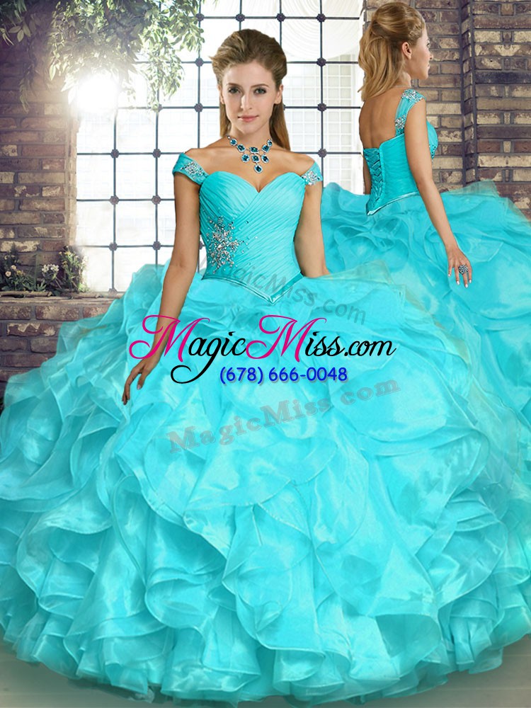 wholesale sleeveless floor length beading and ruffles lace up quinceanera gown with aqua blue