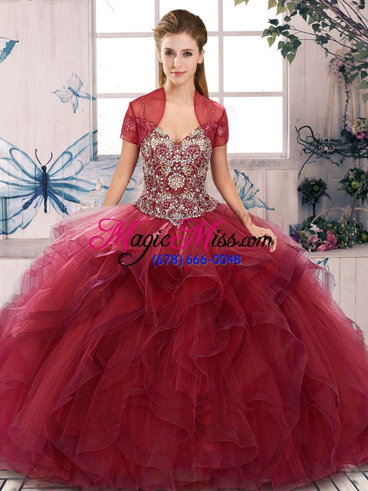 wholesale burgundy ball gowns off the shoulder sleeveless tulle floor length lace up beading and ruffles sweet 16 dresses